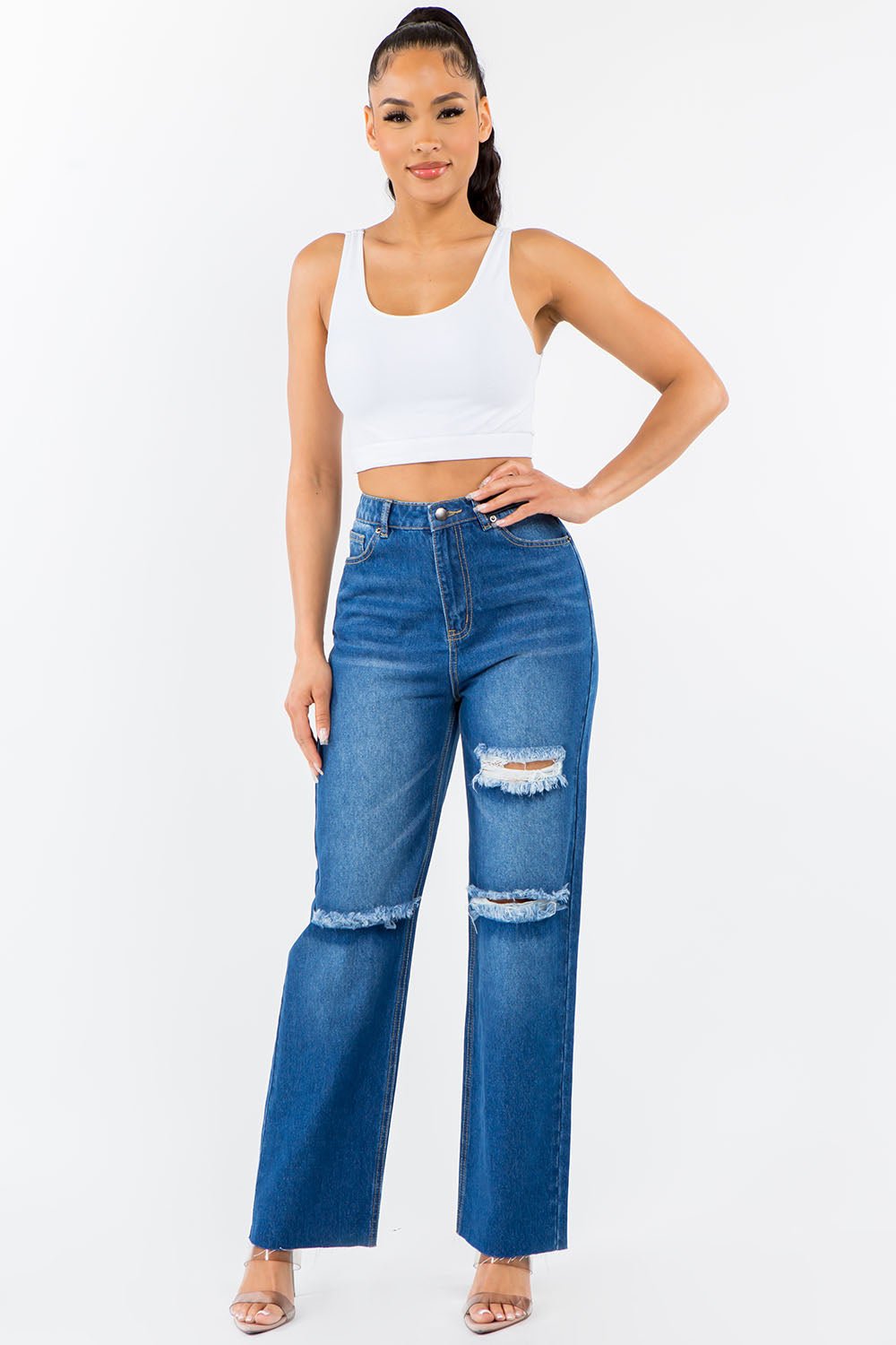 American Bazi High Waist Distressed Wide Leg Jeans - Runway Regalia