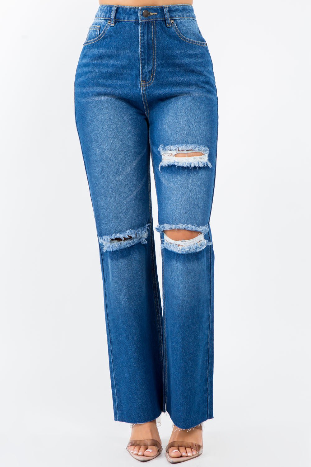 American Bazi High Waist Distressed Wide Leg Jeans - Runway Regalia