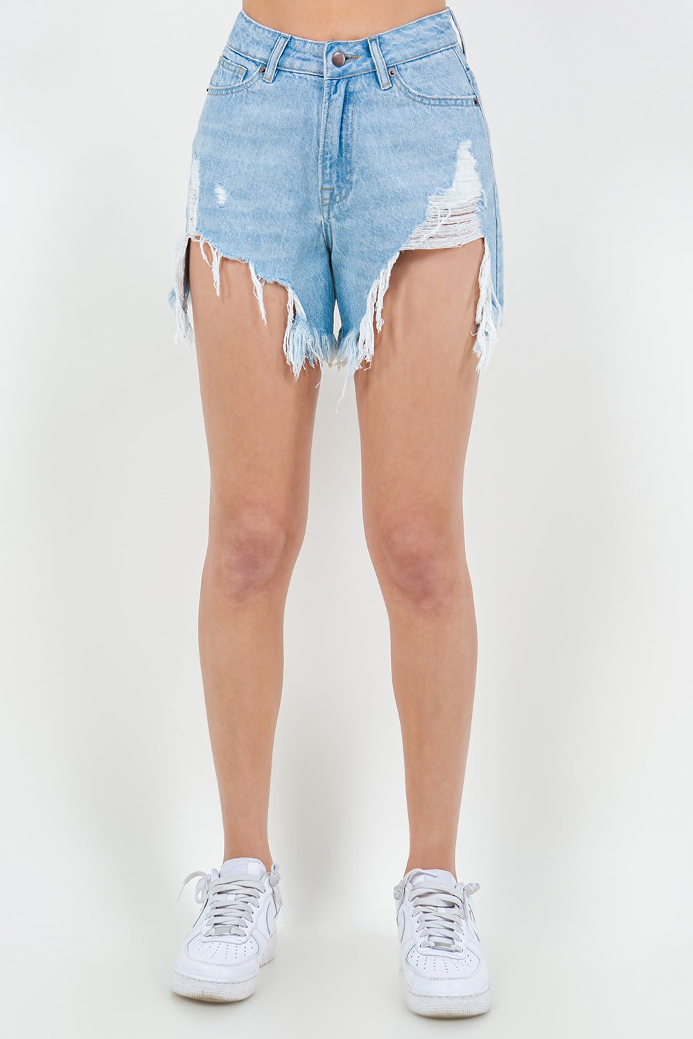 American Bazi High Waist Fringed Hem Denim Shorts - Runway Regalia