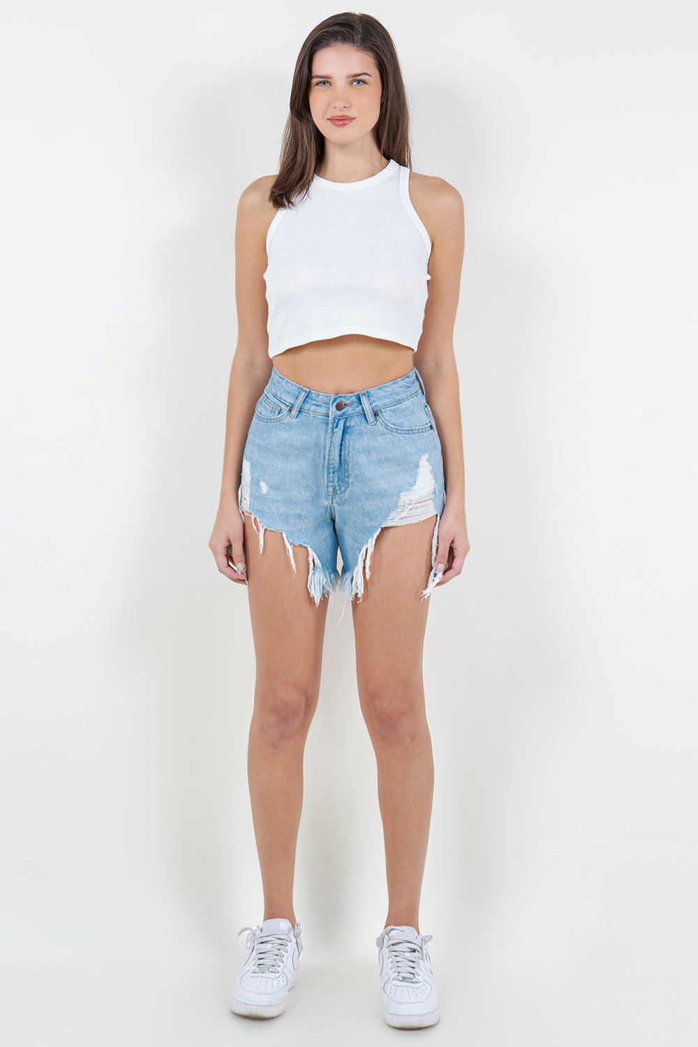 American Bazi High Waist Fringed Hem Denim Shorts - Runway Regalia