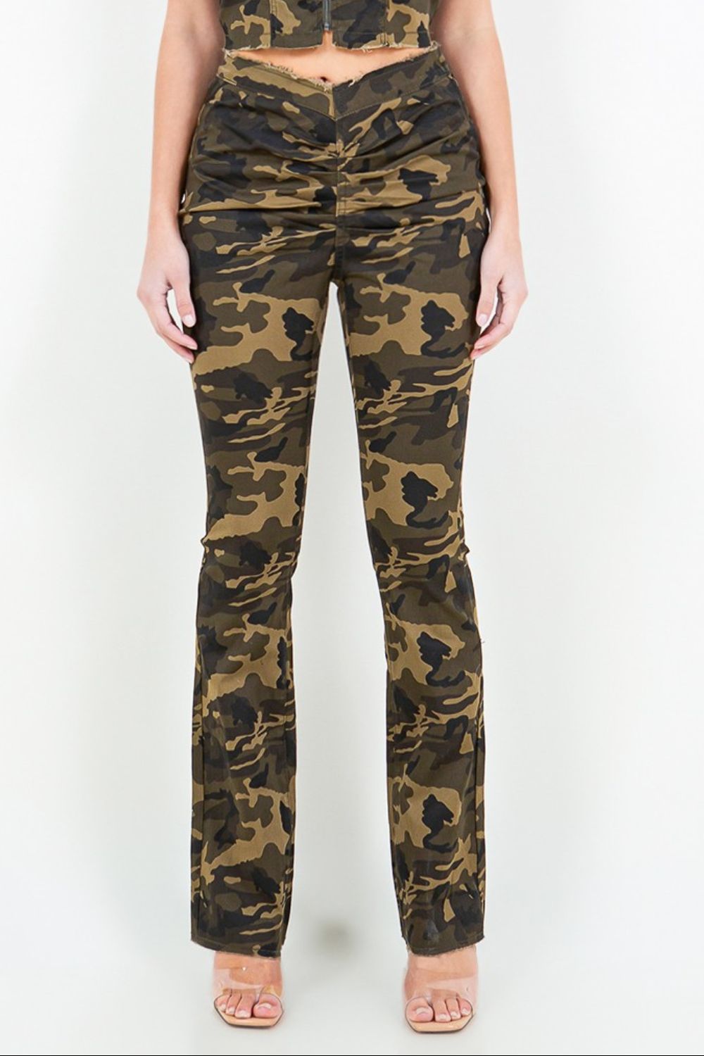 American Bazi V - Cut Ruched Camo Flare Pants - Runway Regalia