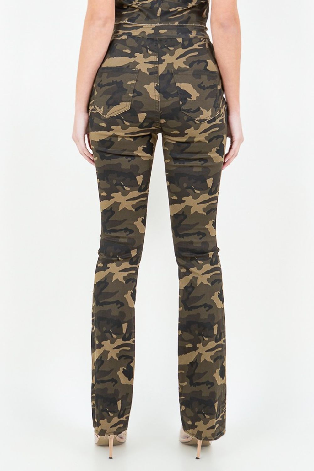 American Bazi V - Cut Ruched Camo Flare Pants - Runway Regalia