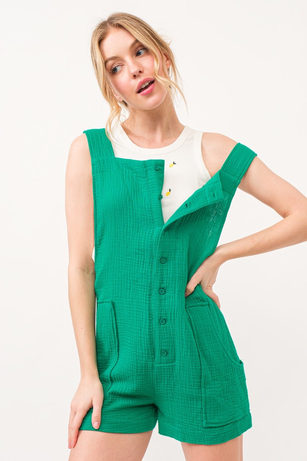 And The Why Button Up Tie Back Sleeveless Romper - Runway Regalia