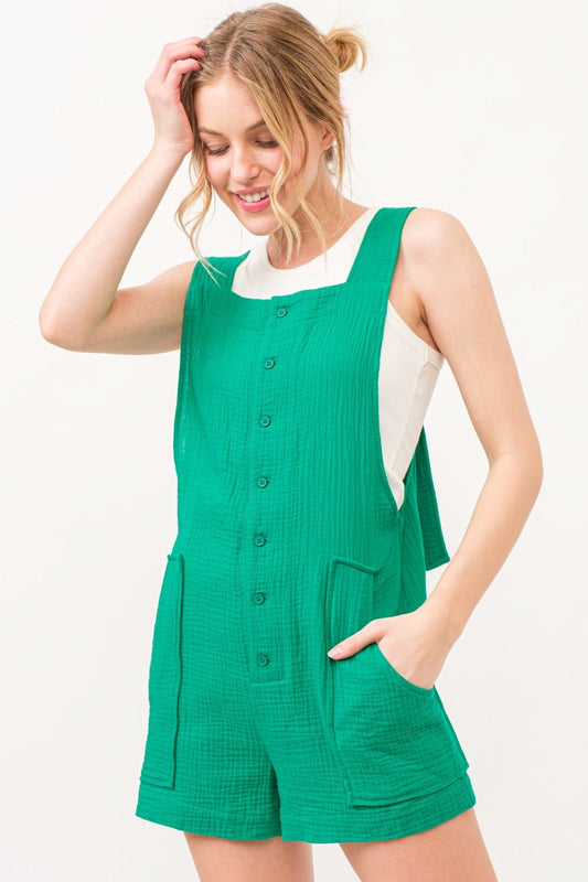 And The Why Button Up Tie Back Sleeveless Romper - Runway Regalia