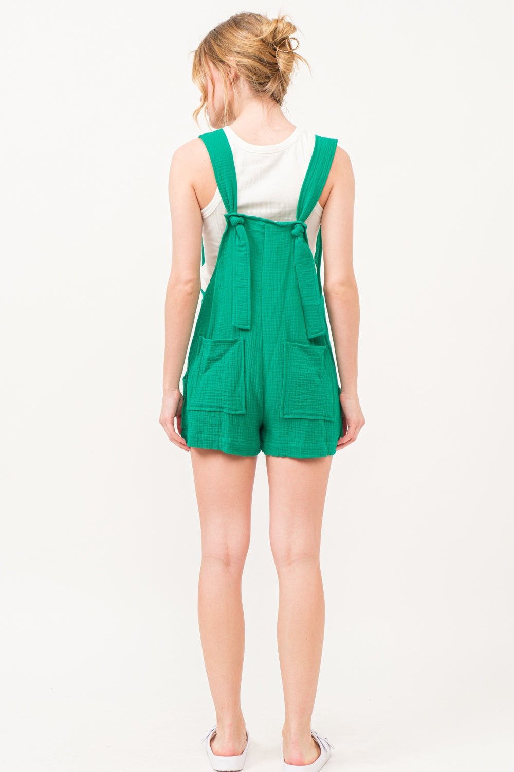 And The Why Button Up Tie Back Sleeveless Romper - Runway Regalia