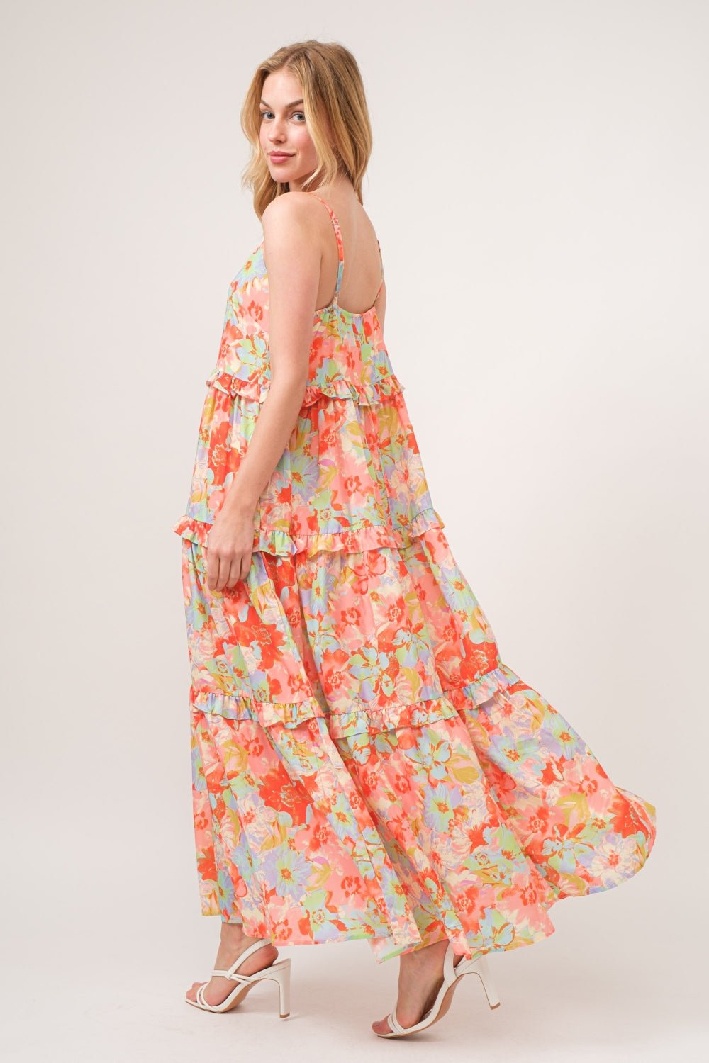 And The Why Floral Ruffled Tiered Maxi Adjustable Strap Cami Dress - Runway Regalia