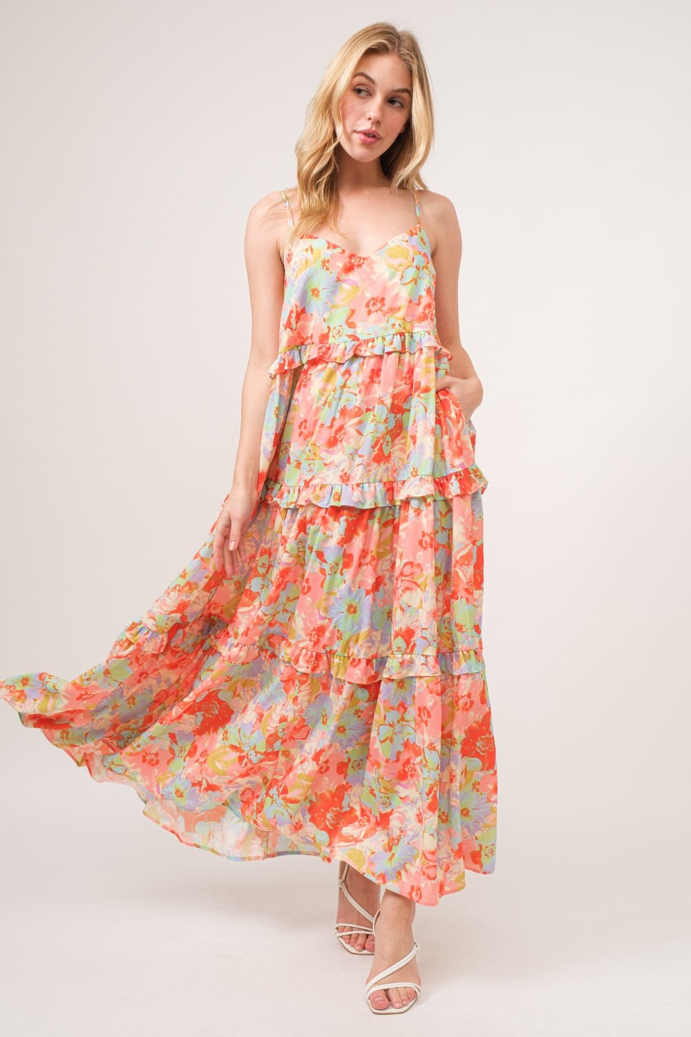 And The Why Floral Ruffled Tiered Maxi Adjustable Strap Cami Dress - Runway Regalia