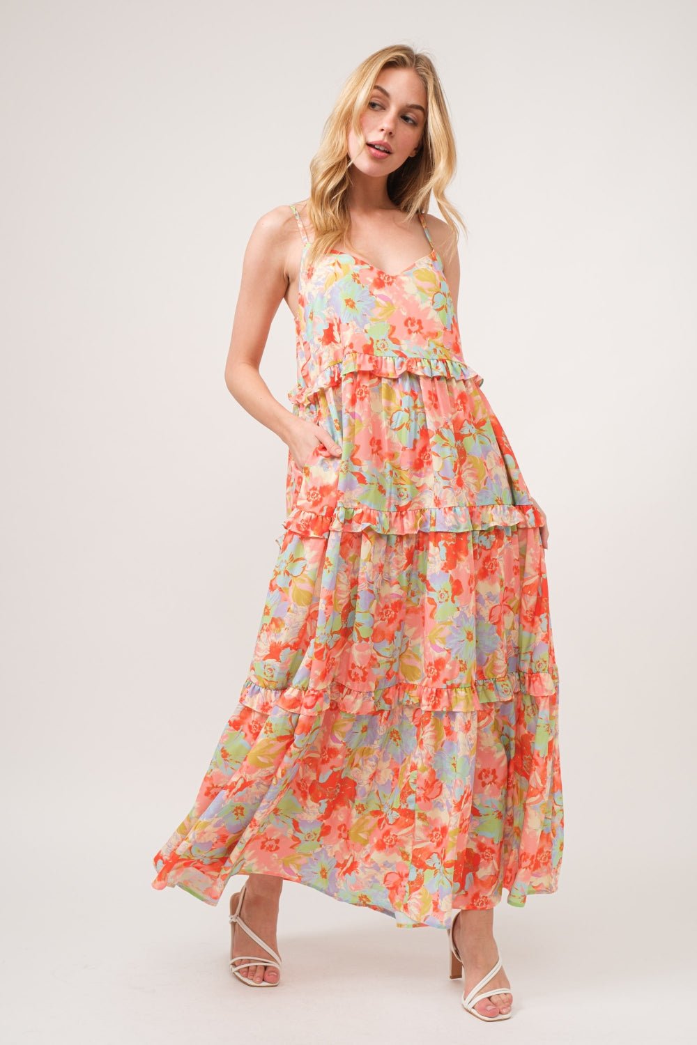 And The Why Floral Ruffled Tiered Maxi Adjustable Strap Cami Dress - Runway Regalia