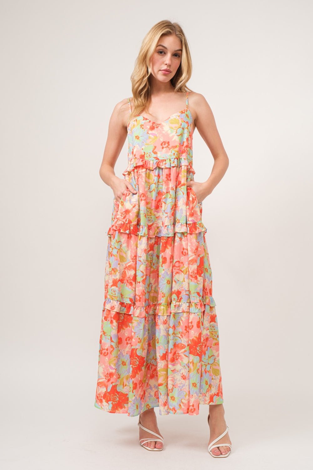 And The Why Floral Ruffled Tiered Maxi Adjustable Strap Cami Dress - Runway Regalia