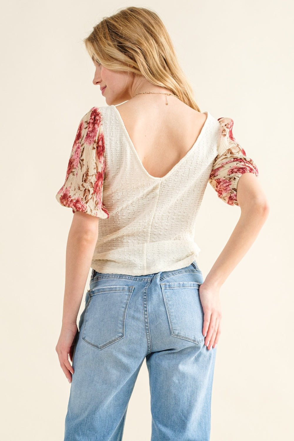 And The Why Full Size Floral Print Textured Sleeve Knit Top - Runway Regalia