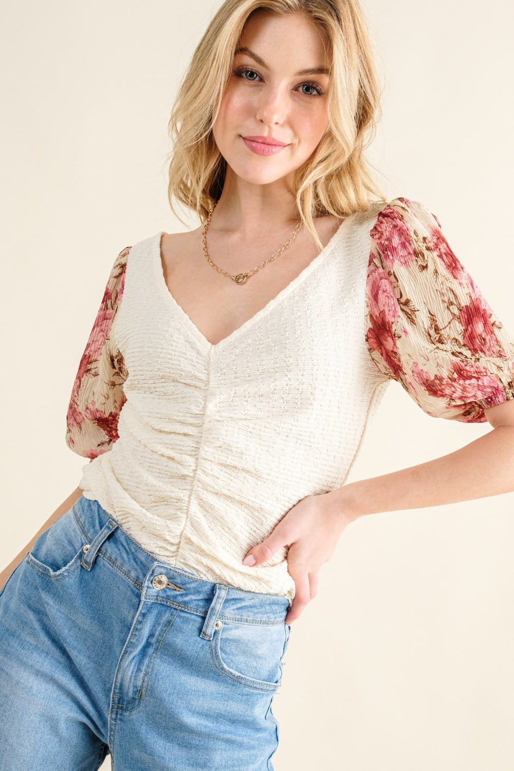 And The Why Full Size Floral Print Textured Sleeve Knit Top - Runway Regalia