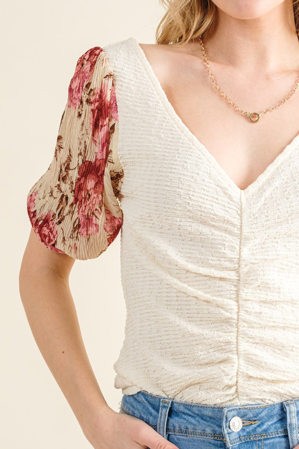 And The Why Full Size Floral Print Textured Sleeve Knit Top - Runway Regalia