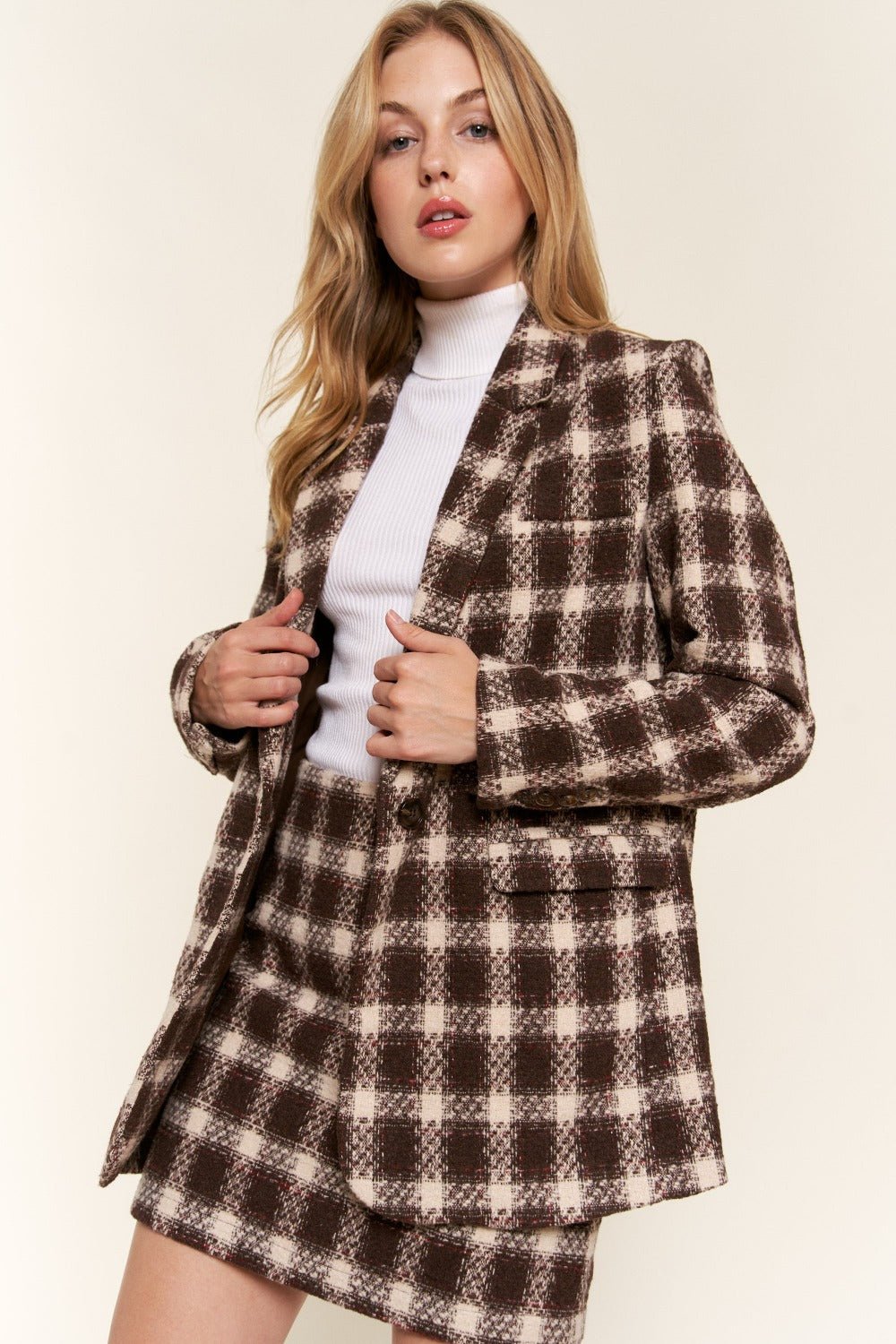 And The Why Full Size Plaid Brushed One Button Blazer - Runway Regalia