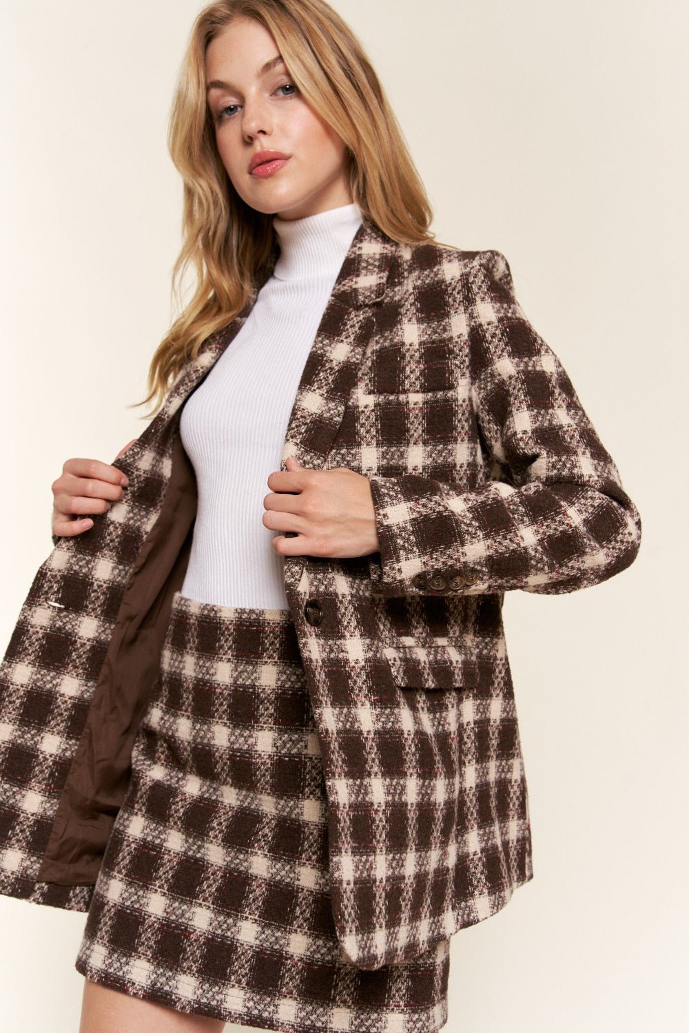 And The Why Full Size Plaid Brushed One Button Blazer - Runway Regalia