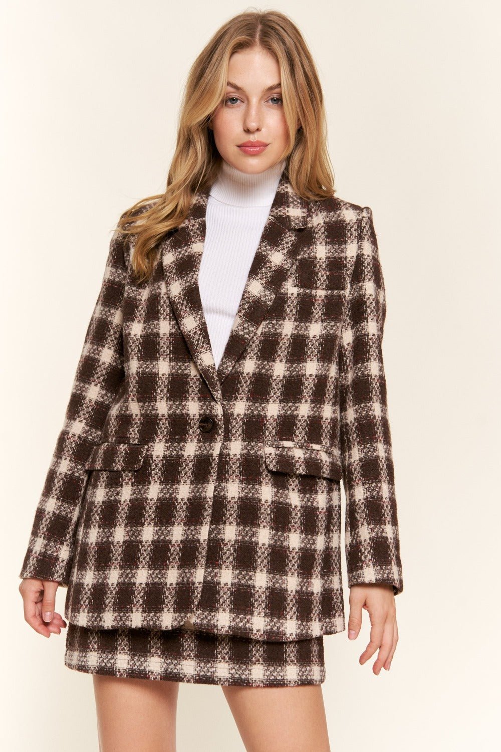 And The Why Full Size Plaid Brushed One Button Blazer - Runway Regalia