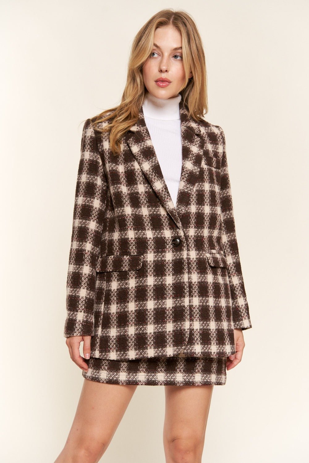 And The Why Full Size Plaid Brushed One Button Blazer - Runway Regalia