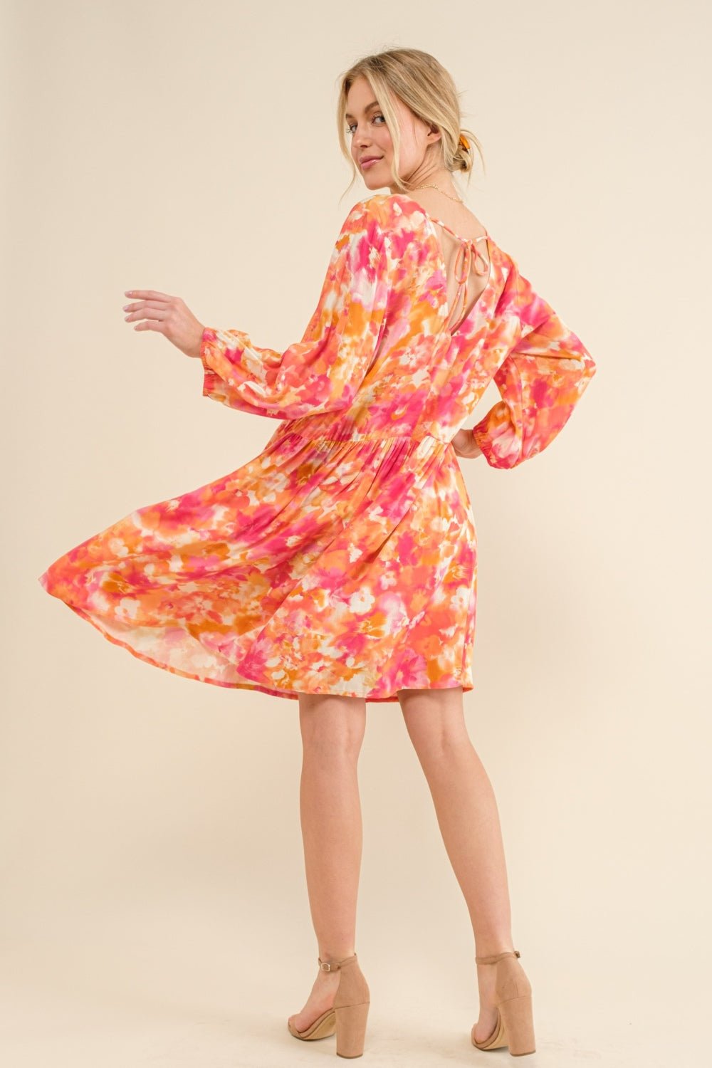 And The Why Full Size Printed Tie Back Long Sleeve Dress - Runway Regalia