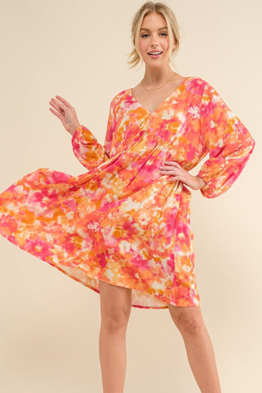 And The Why Full Size Printed Tie Back Long Sleeve Dress - Runway Regalia