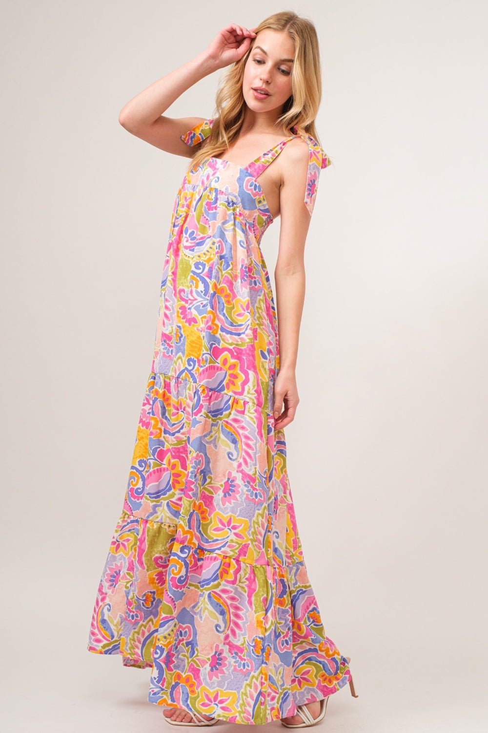 And The Why Full Size Printed Tie Shoulder Tiered Maxi Dress - Runway Regalia