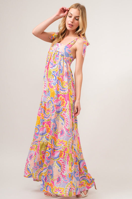 And The Why Full Size Printed Tie Shoulder Tiered Maxi Dress - Runway Regalia