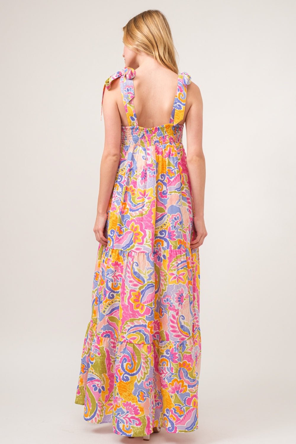 And The Why Full Size Printed Tie Shoulder Tiered Maxi Dress - Runway Regalia