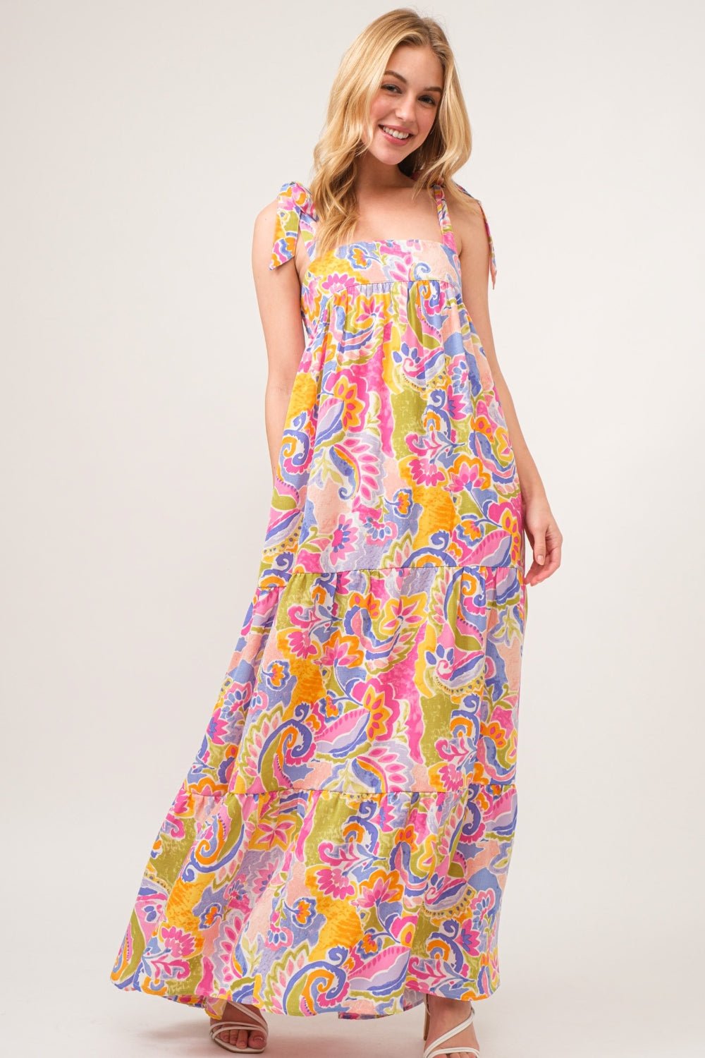 And The Why Full Size Printed Tie Shoulder Tiered Maxi Dress - Runway Regalia