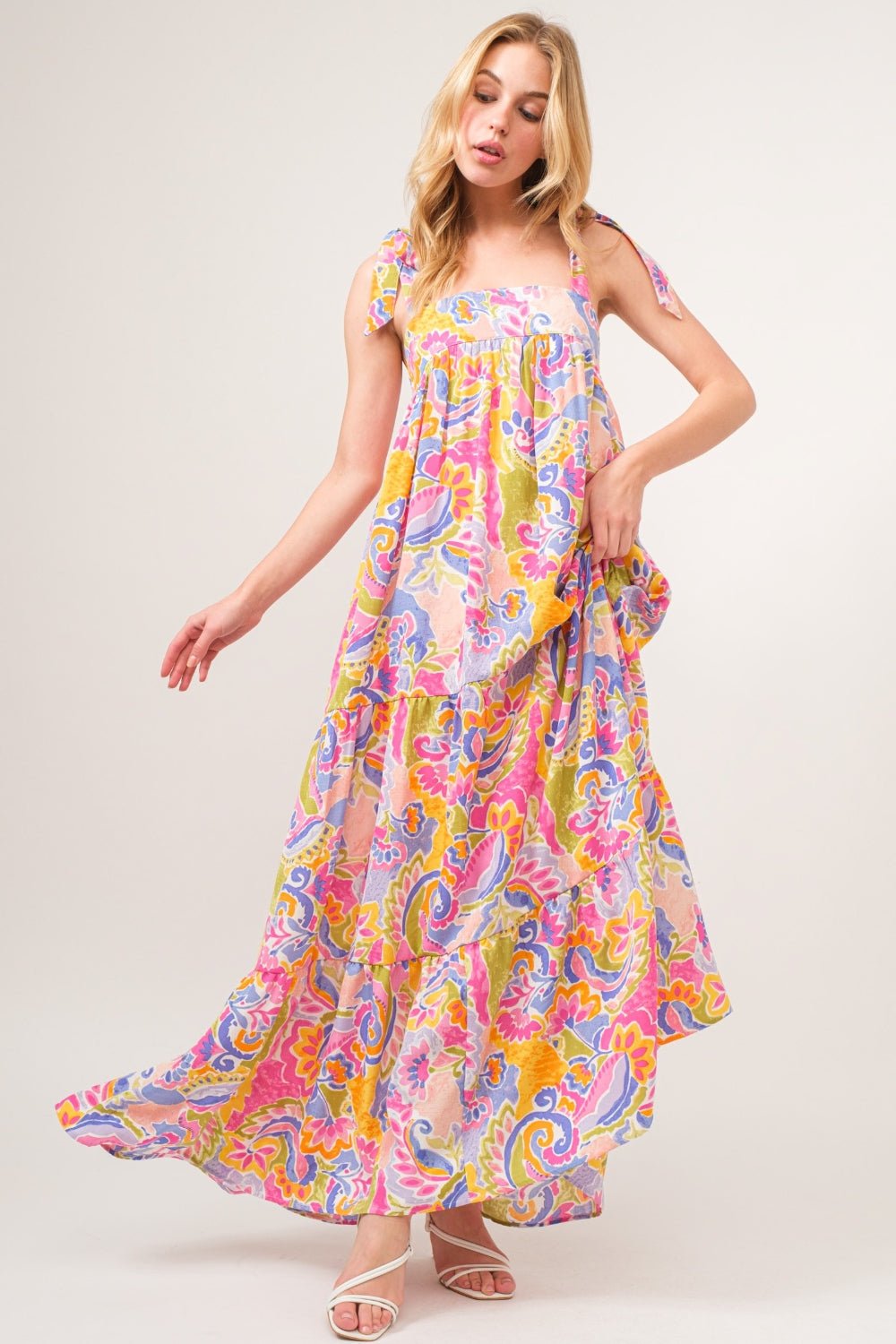 And The Why Full Size Printed Tie Shoulder Tiered Maxi Dress - Runway Regalia