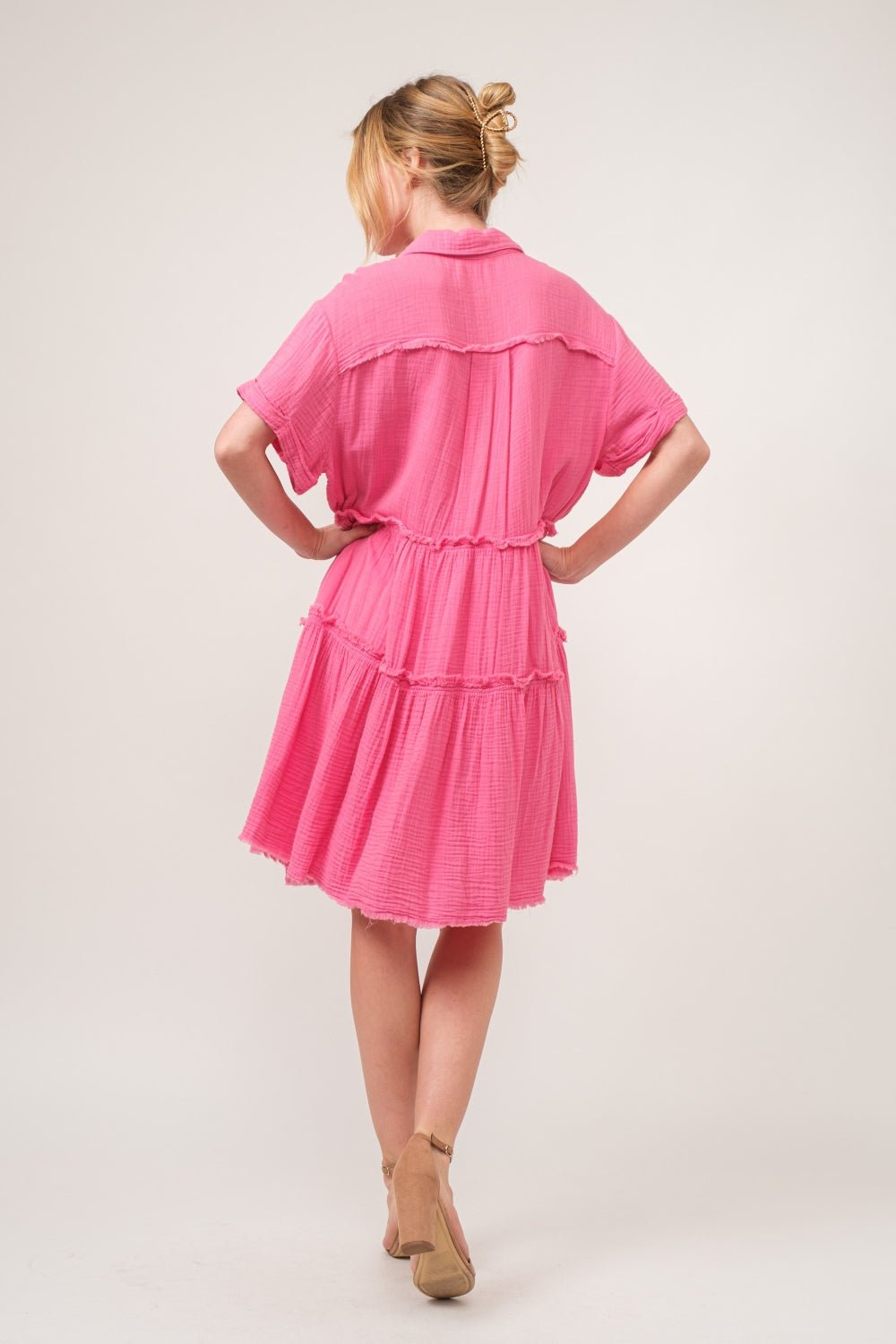 And The Why Full Size Raw Edge Washed Tiered Shirt Dress - Runway Regalia