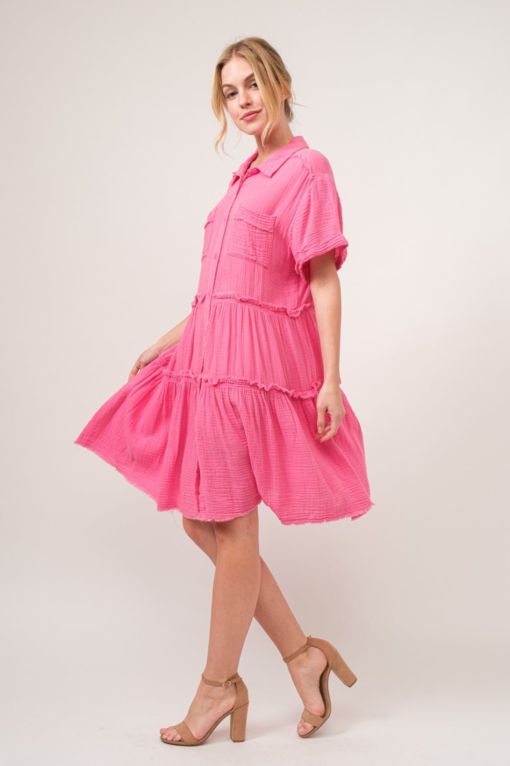 And The Why Full Size Raw Edge Washed Tiered Shirt Dress - Runway Regalia