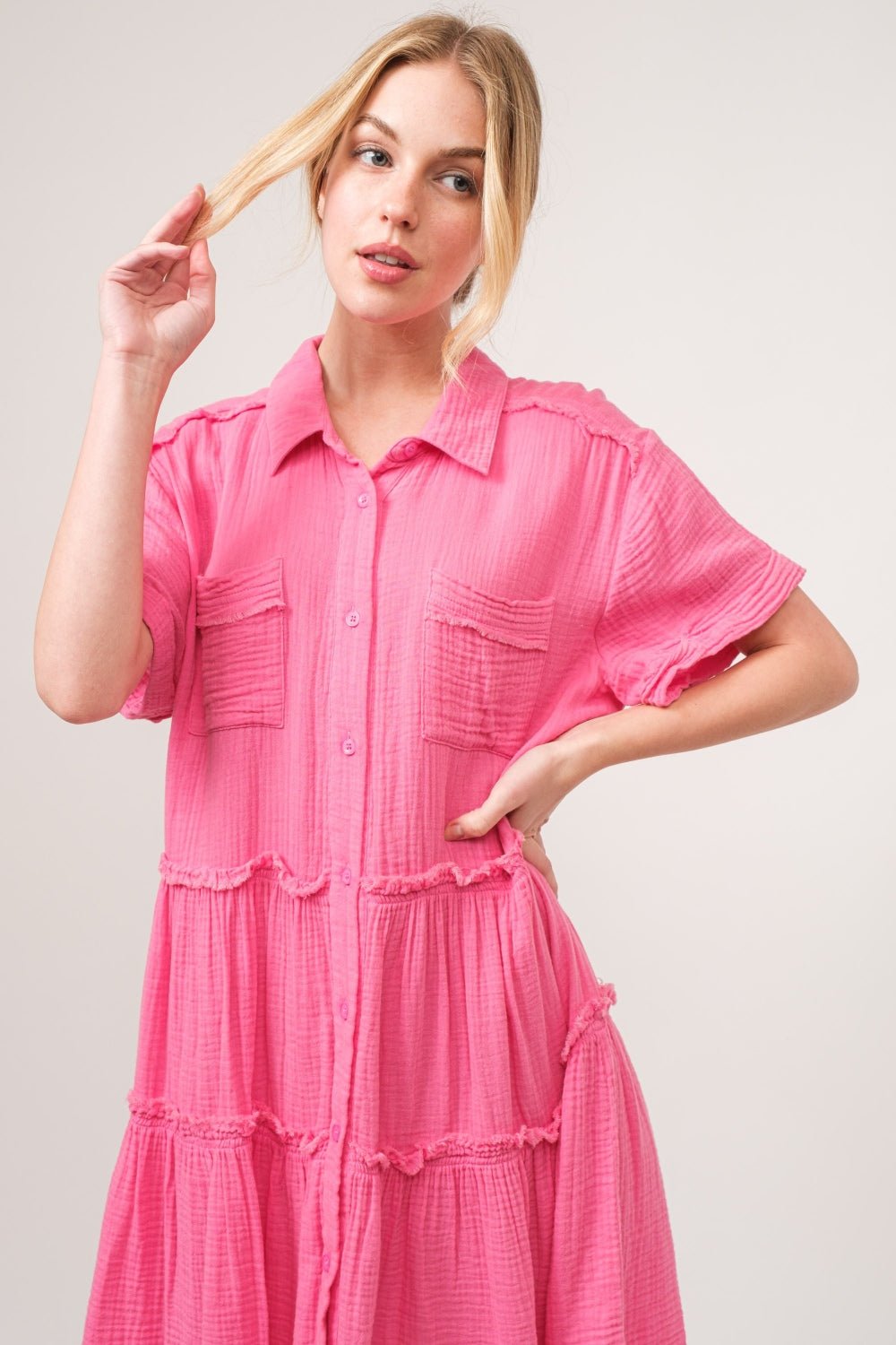 And The Why Full Size Raw Edge Washed Tiered Shirt Dress - Runway Regalia