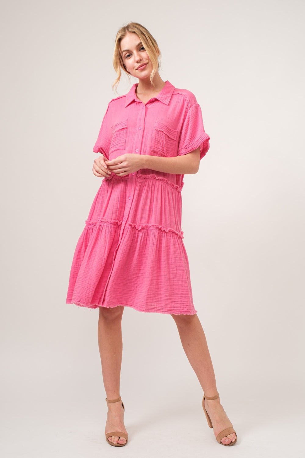 And The Why Full Size Raw Edge Washed Tiered Shirt Dress - Runway Regalia