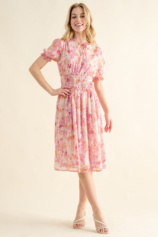 And The Why Full Size Smocked Waist Printed Midi Dress - Runway Regalia