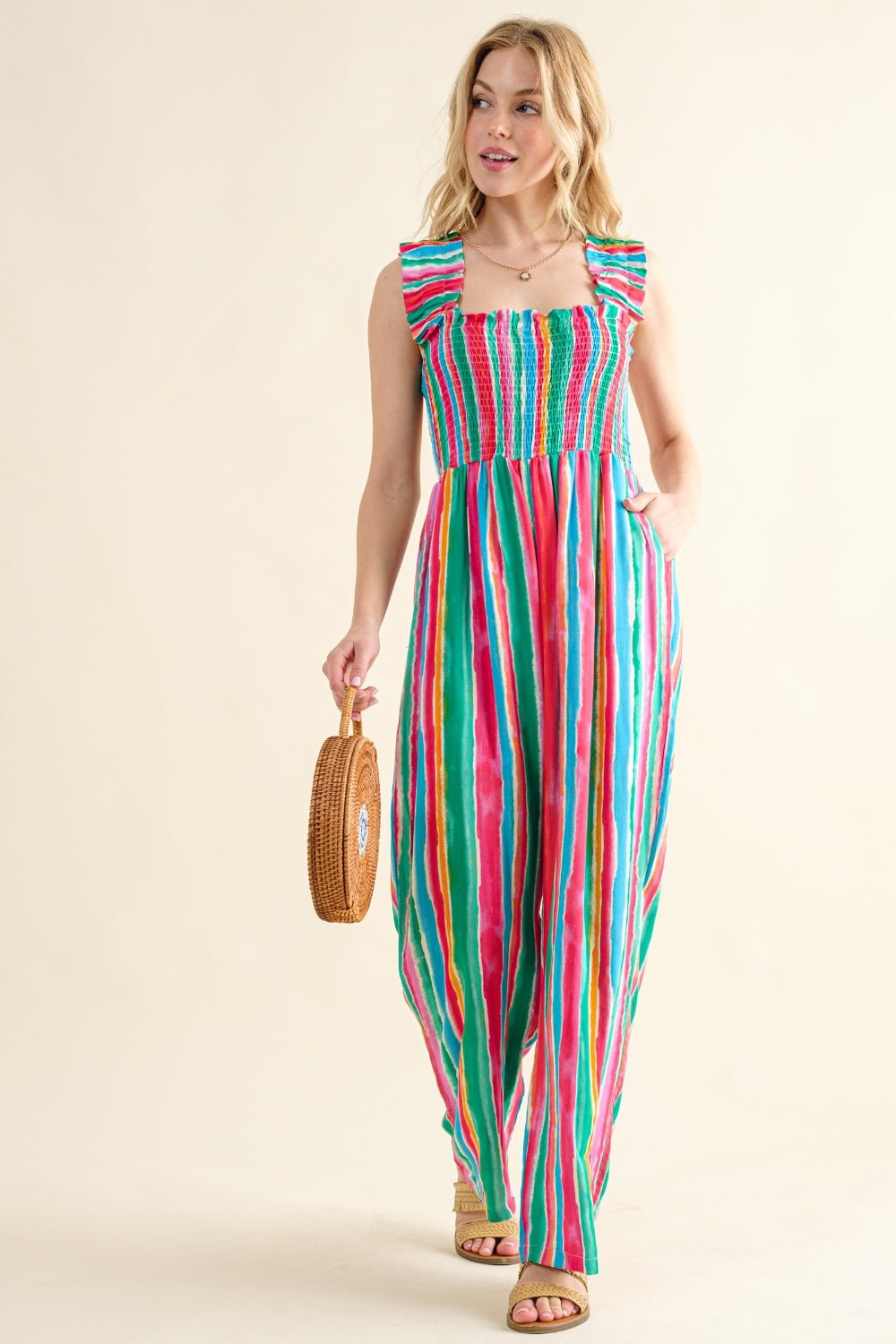 And The Why Full Size Striped Smocked Sleeveless Jumpsuit - Runway Regalia