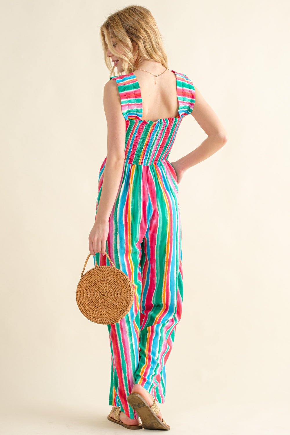 And The Why Full Size Striped Smocked Sleeveless Jumpsuit - Runway Regalia