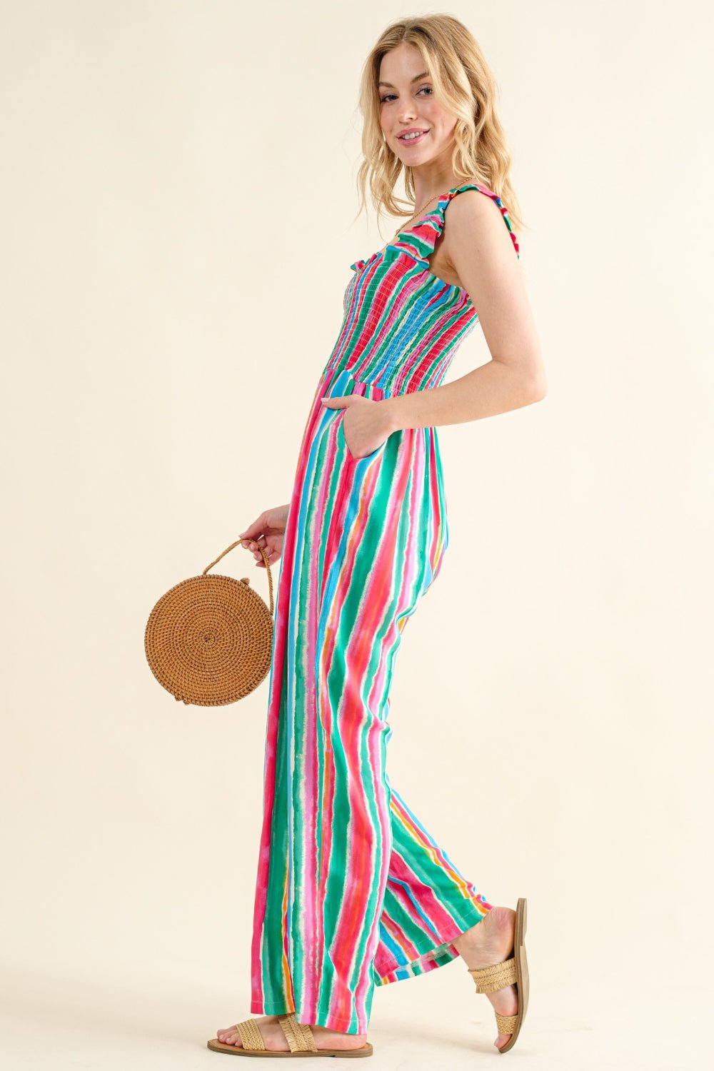 And The Why Full Size Striped Smocked Sleeveless Jumpsuit - Runway Regalia