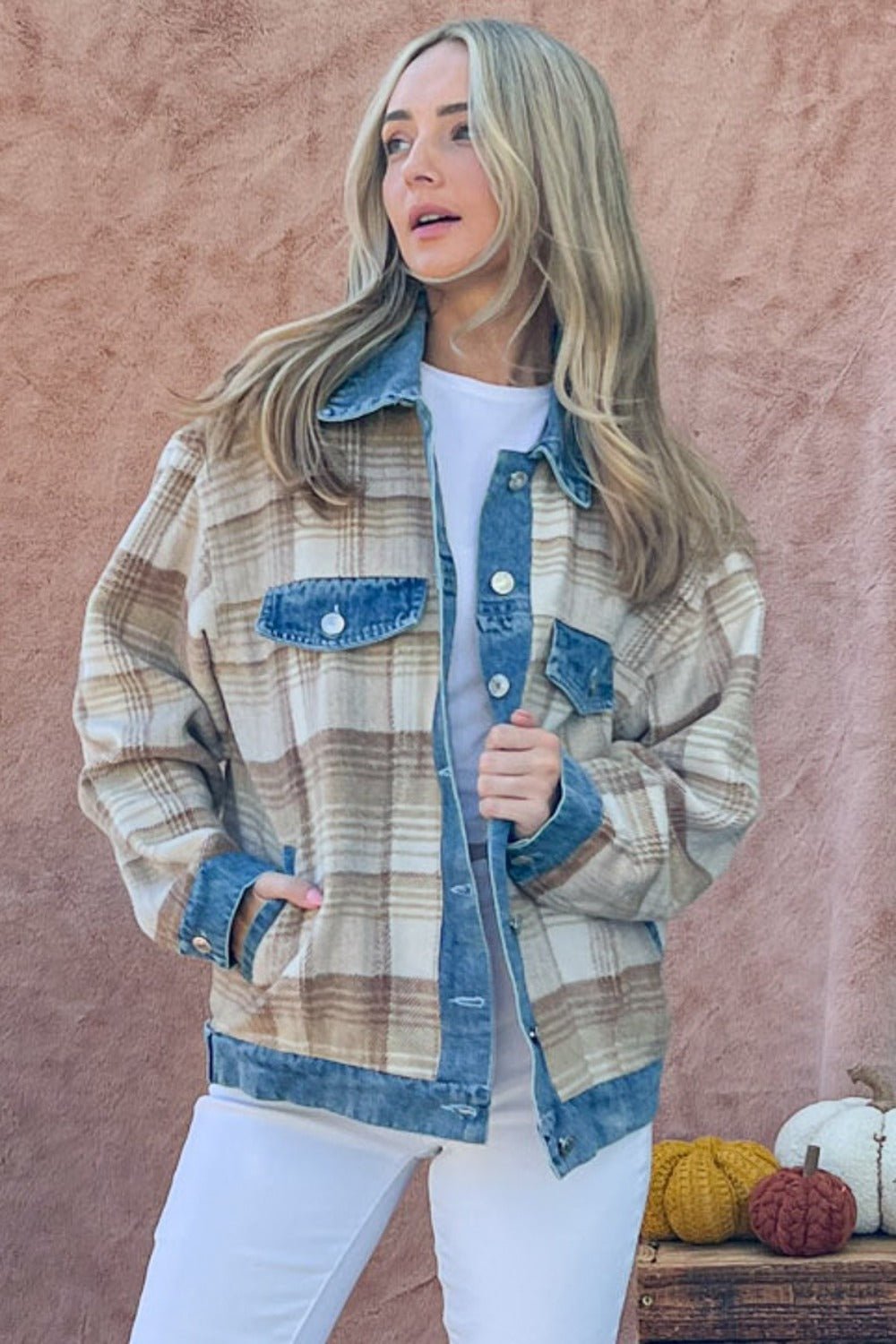 And The Why Full Size Washed Denim Detail Brushed Plaid Jacket - Runway Regalia