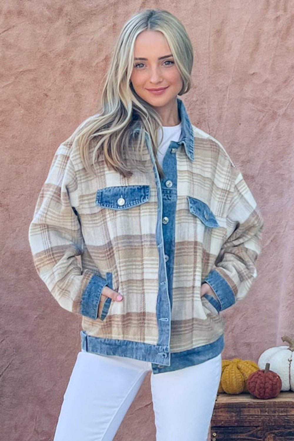 And The Why Full Size Washed Denim Detail Brushed Plaid Jacket - Runway Regalia