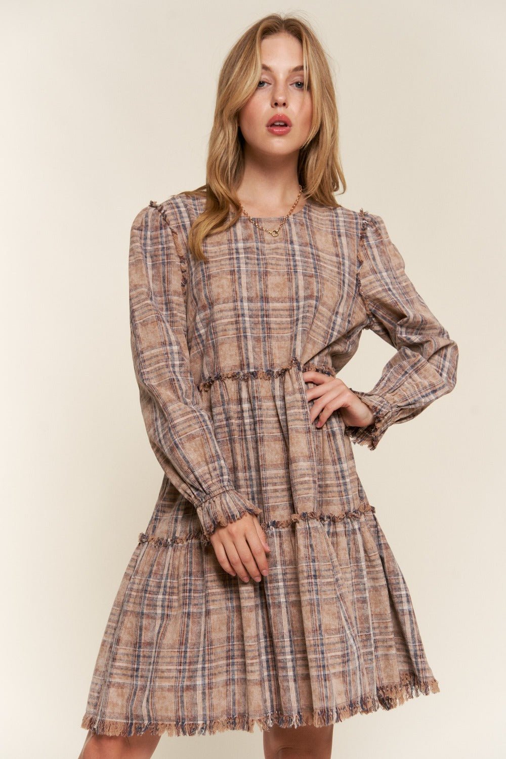 And The Why Full Size Washed Frayed Tiered Plaid Dress - Runway Regalia