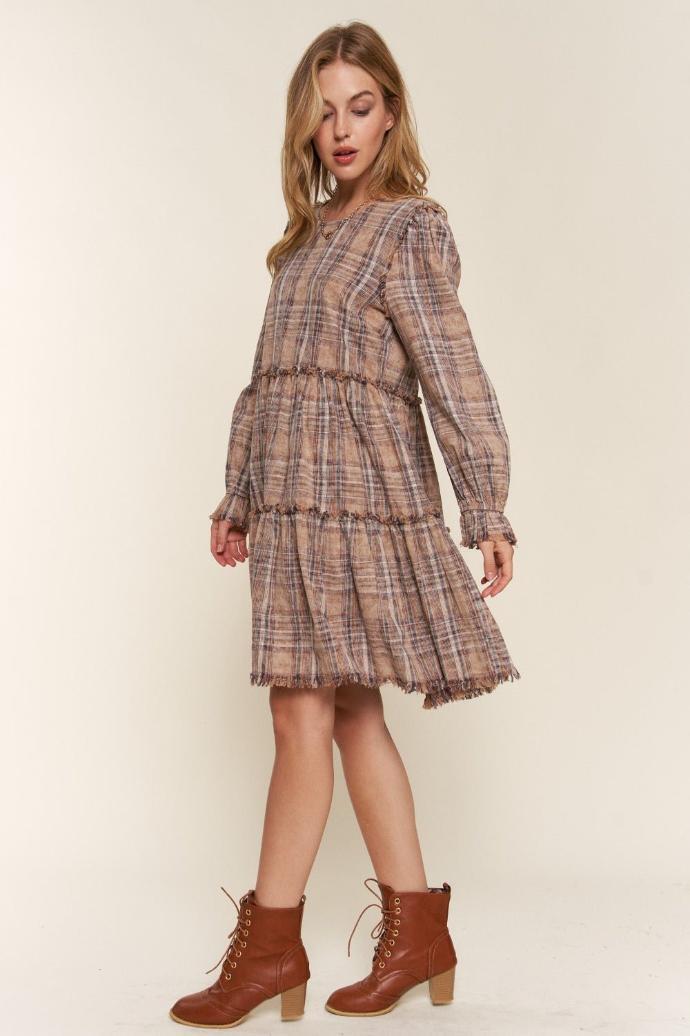 And The Why Full Size Washed Frayed Tiered Plaid Dress - Runway Regalia