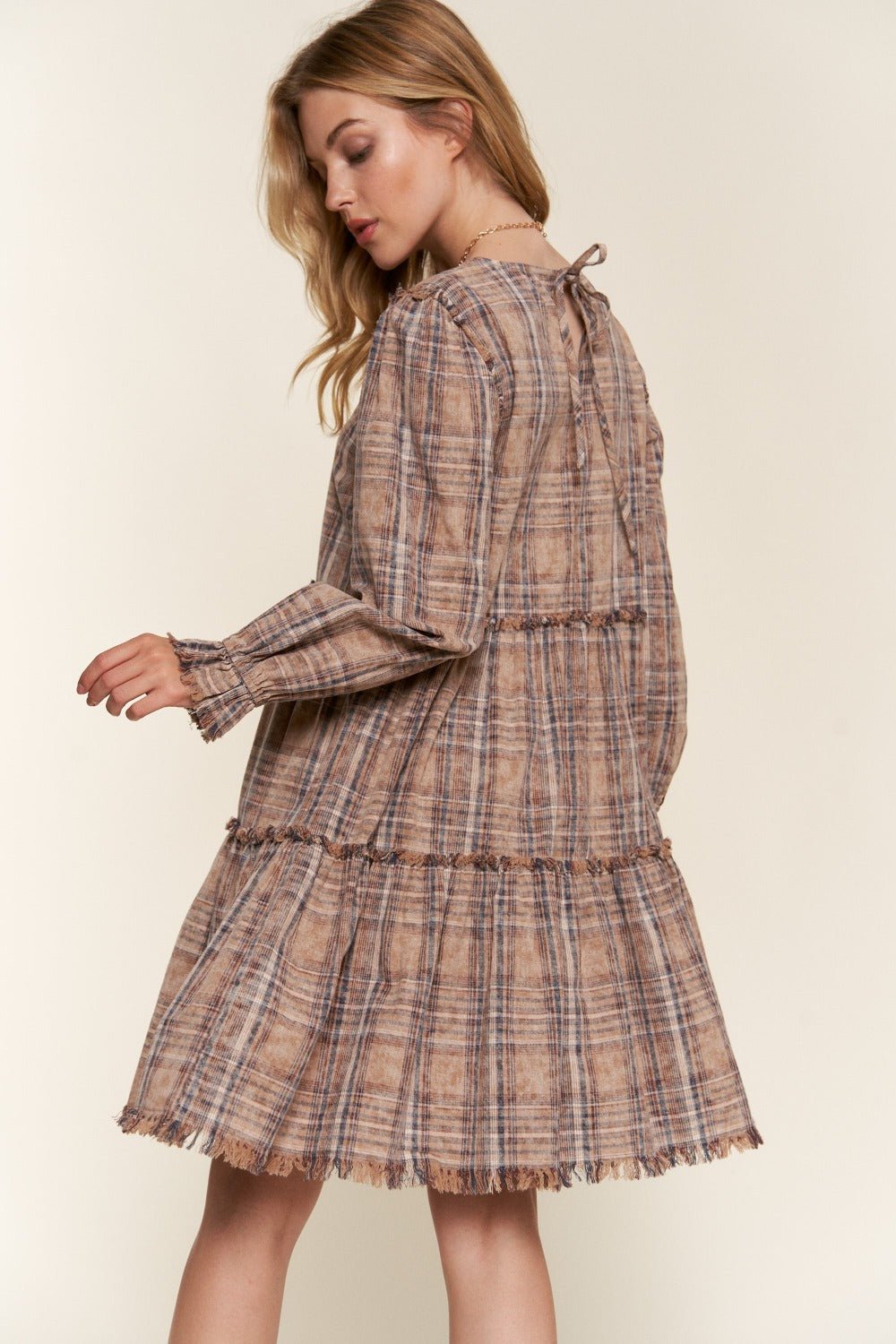 And The Why Full Size Washed Frayed Tiered Plaid Dress - Runway Regalia