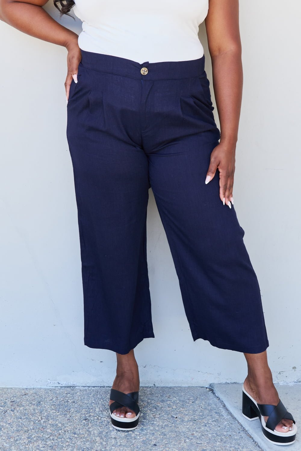 And The Why In The Mix Full Size Pleated Detail Linen Pants in Dark Navy - Runway Regalia