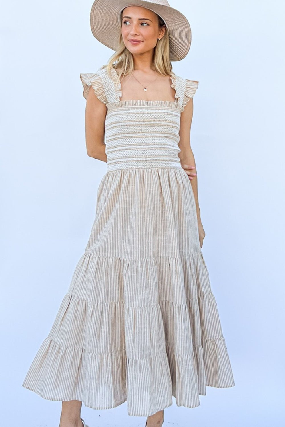 And The Why Linen Striped Ruffle Dress - Runway Regalia