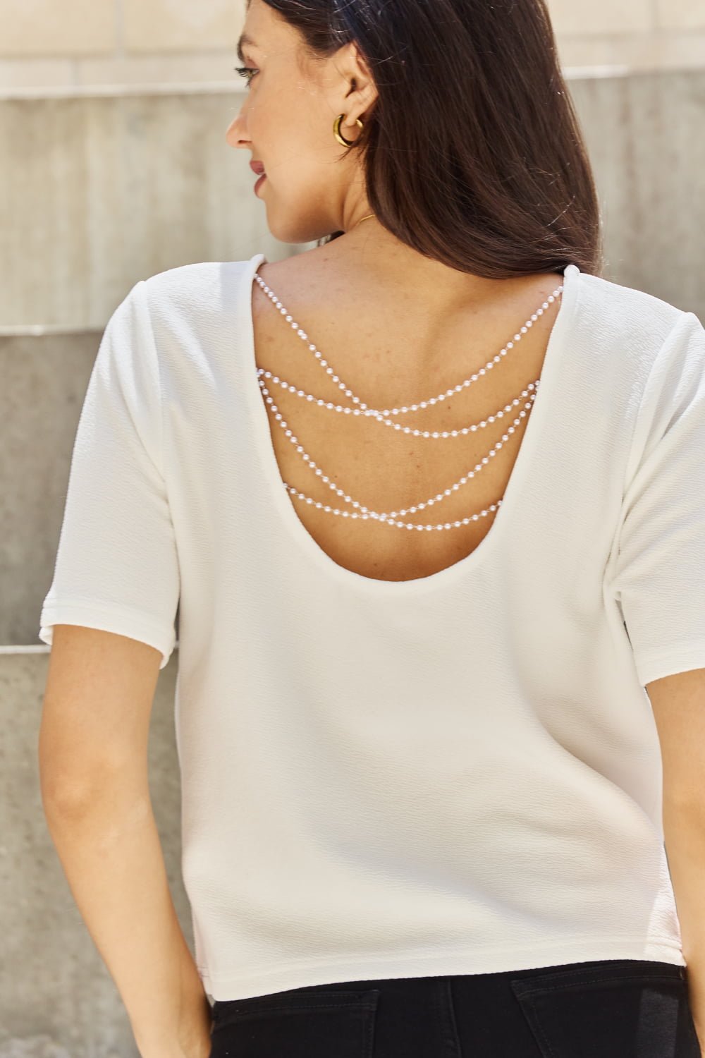 And The Why Pearly White Full Size Criss Cross Pearl Detail Open Back T-Shirt - Runway Regalia