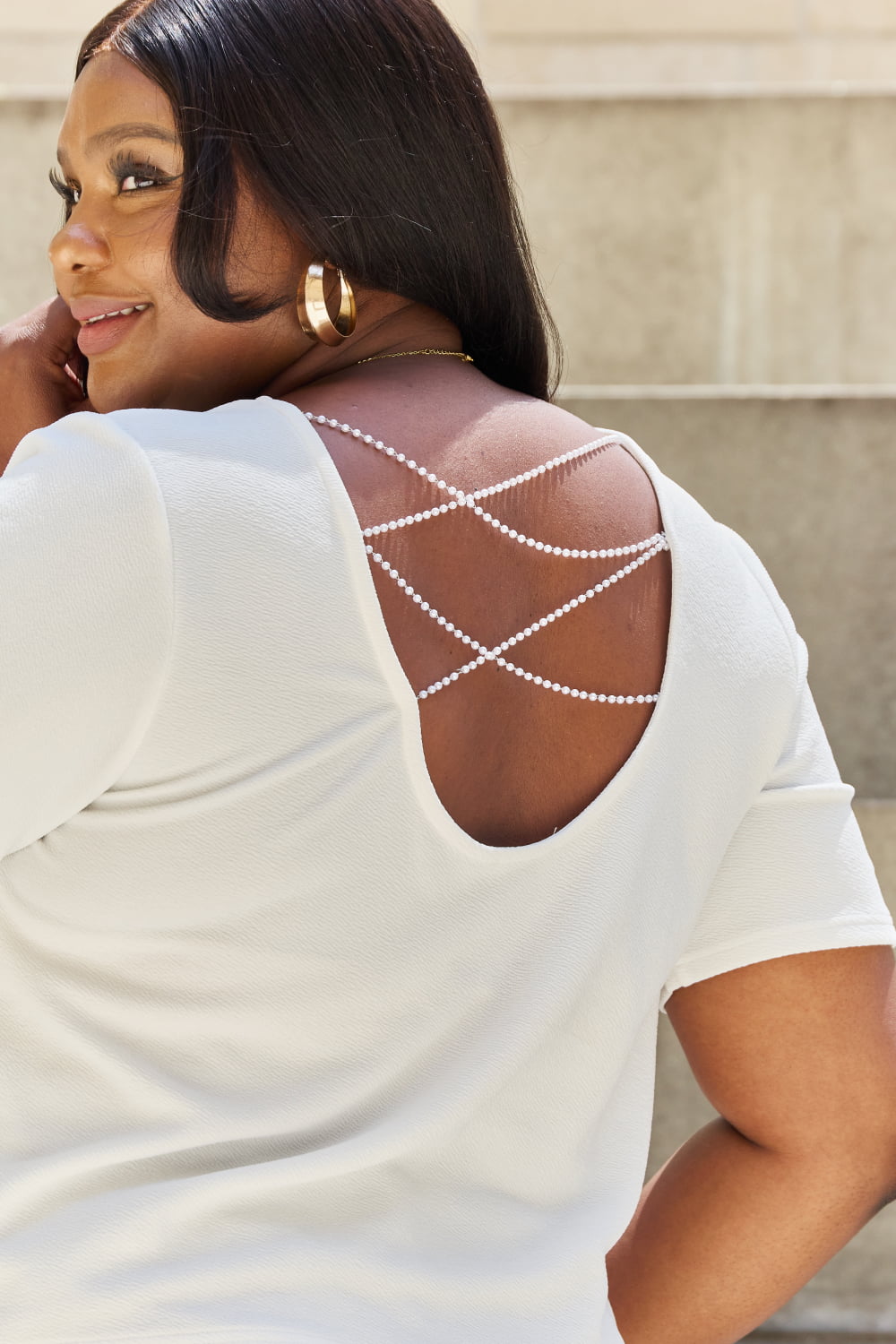 And The Why Pearly White Full Size Criss Cross Pearl Detail Open Back T-Shirt - Runway Regalia