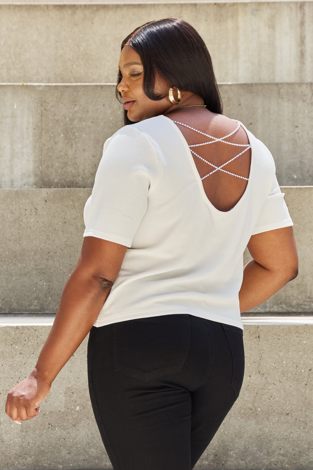 And The Why Pearly White Full Size Criss Cross Pearl Detail Open Back T-Shirt - Runway Regalia