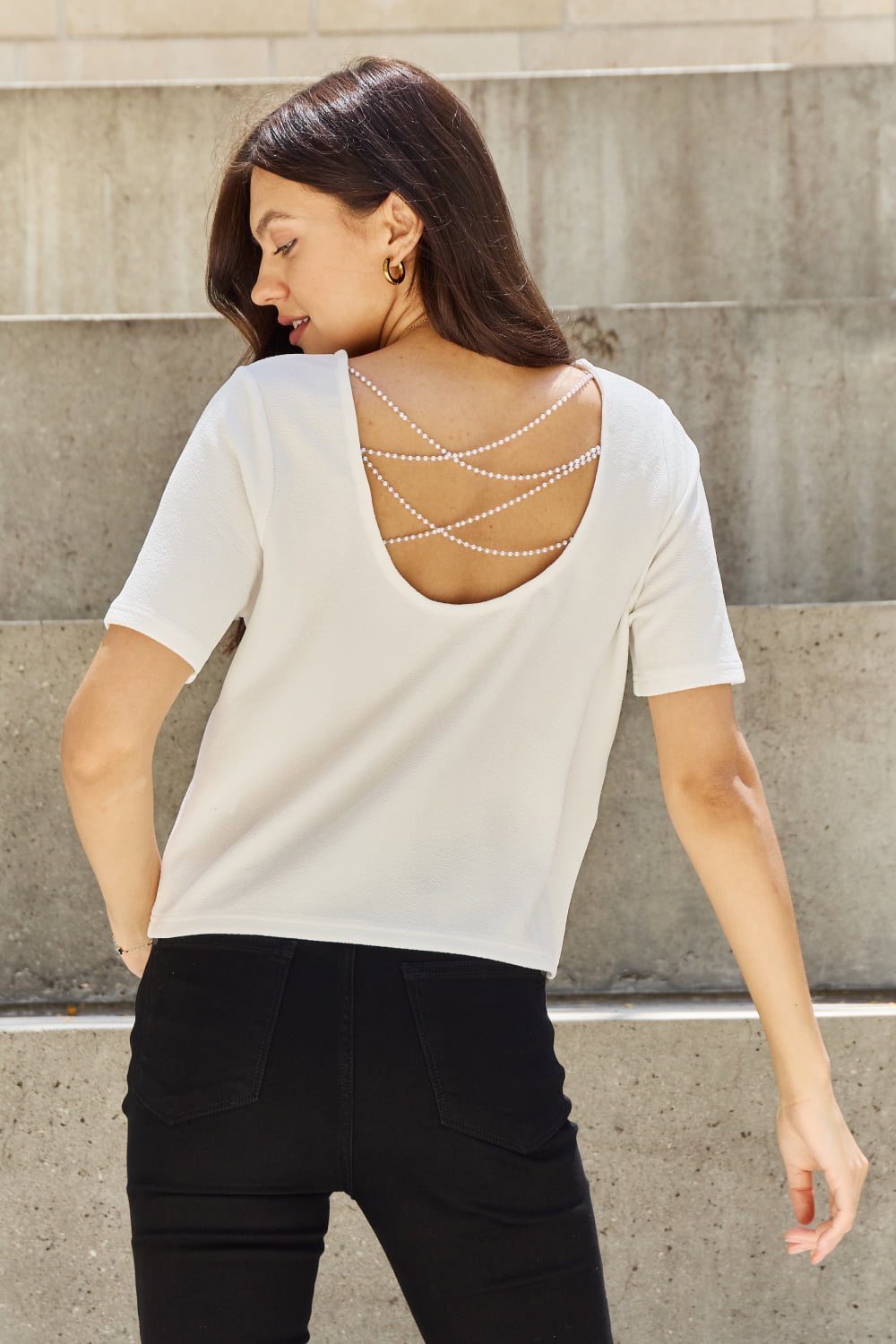 And The Why Pearly White Full Size Criss Cross Pearl Detail Open Back T-Shirt - Runway Regalia