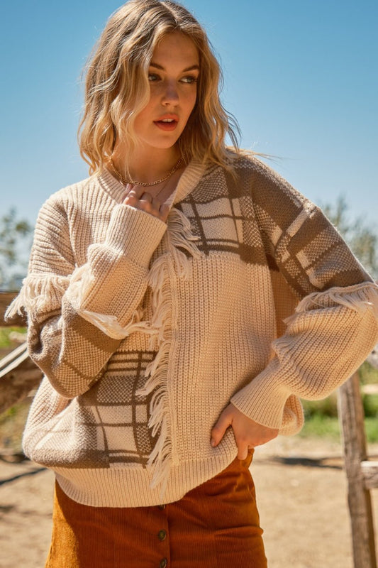 And The Why Plaid Pattern Color Block Fringe Sweater - Runway Regalia