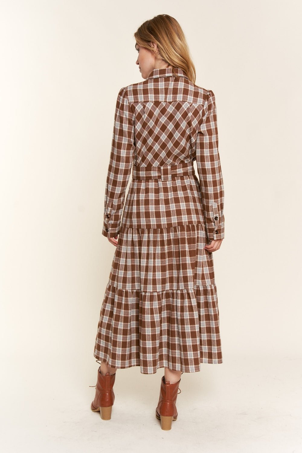 And the Why Plaid Tiered Midi Shirt Dress - Runway Regalia