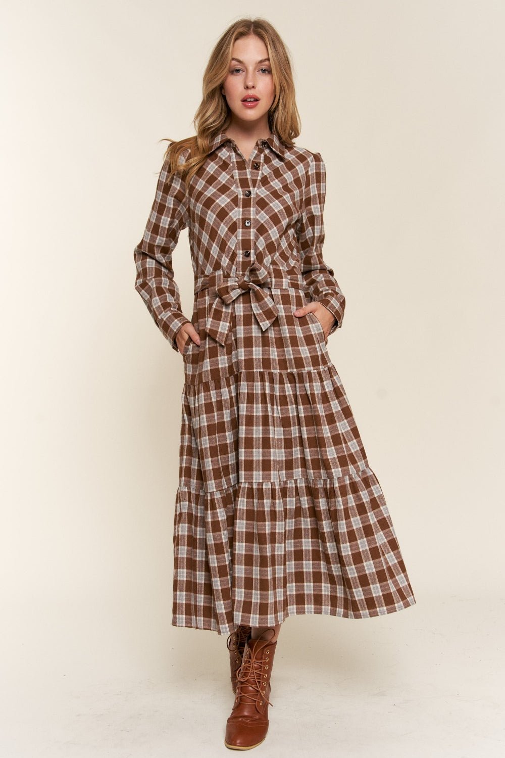 And the Why Plaid Tiered Midi Shirt Dress - Runway Regalia