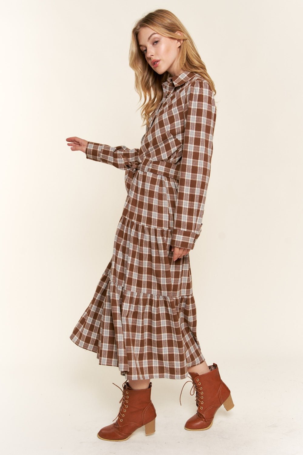 And the Why Plaid Tiered Midi Shirt Dress - Runway Regalia